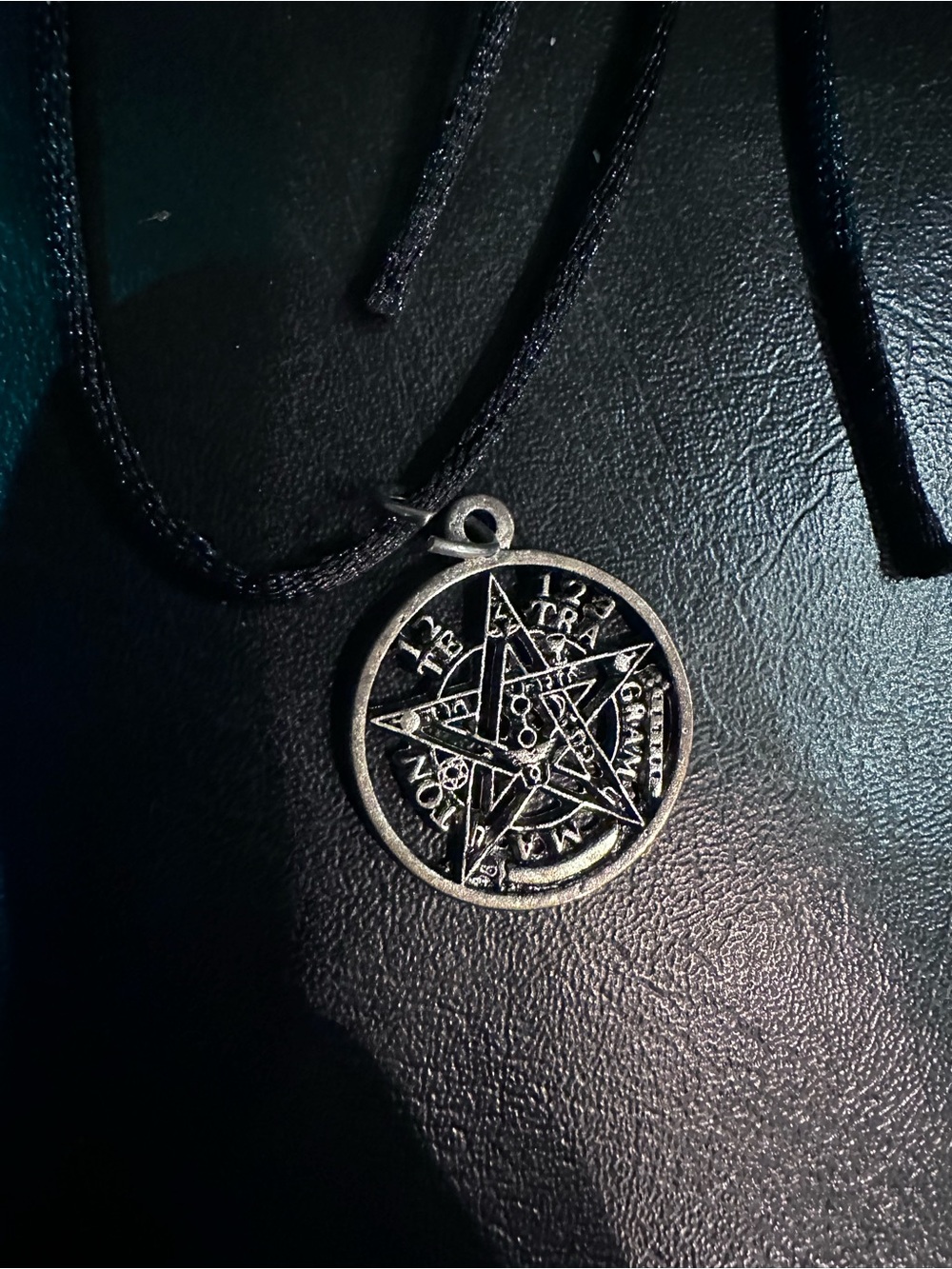Men's Black Cord Necklace with Silver Pentacle Coin Pendant